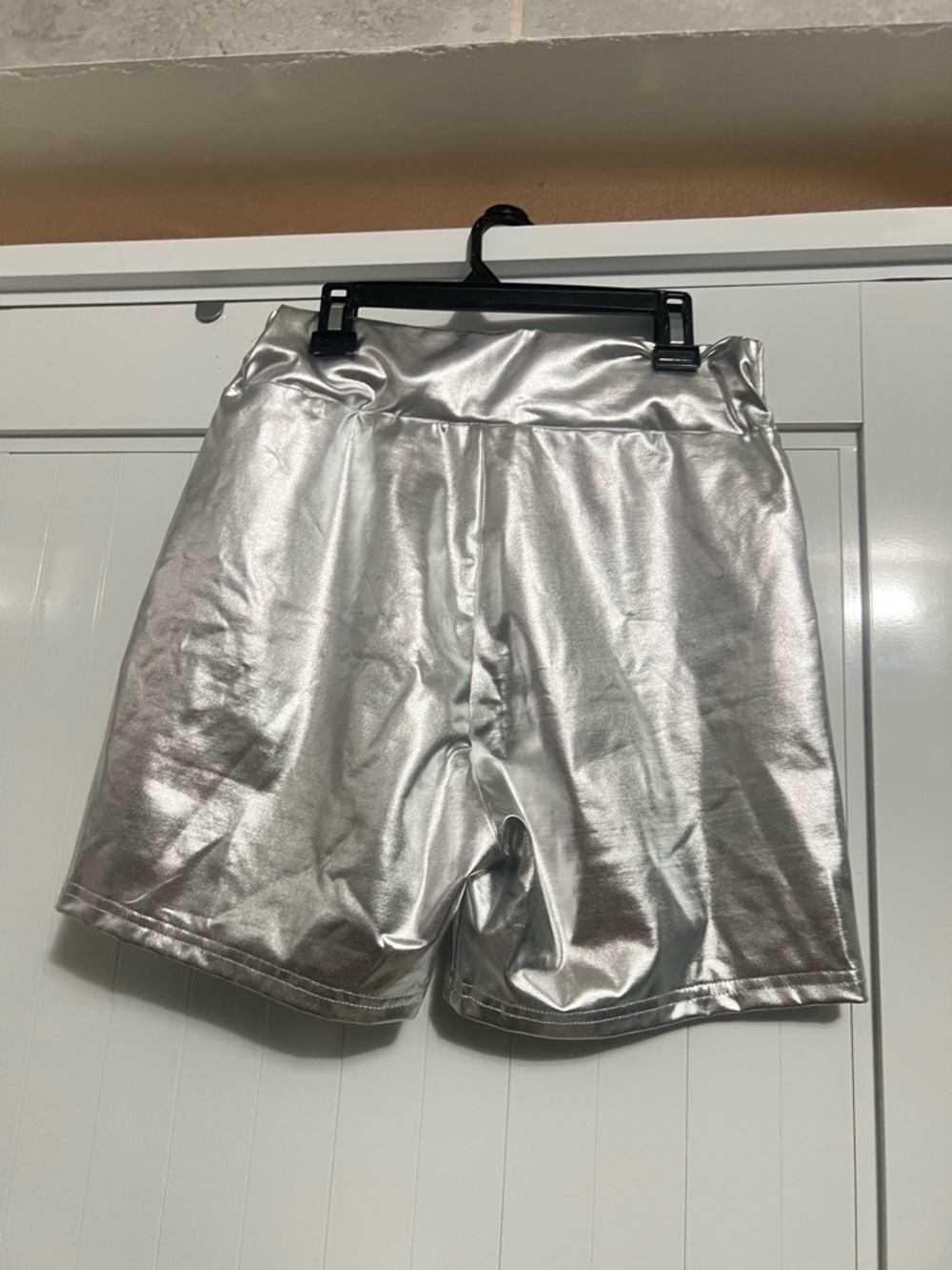 Metallic Silver High-Waist Bike Shorts, and blouse blue